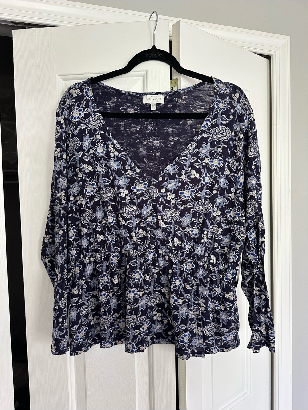 Lucky Brand Navy Floral V-Neck Peplum Women's Top